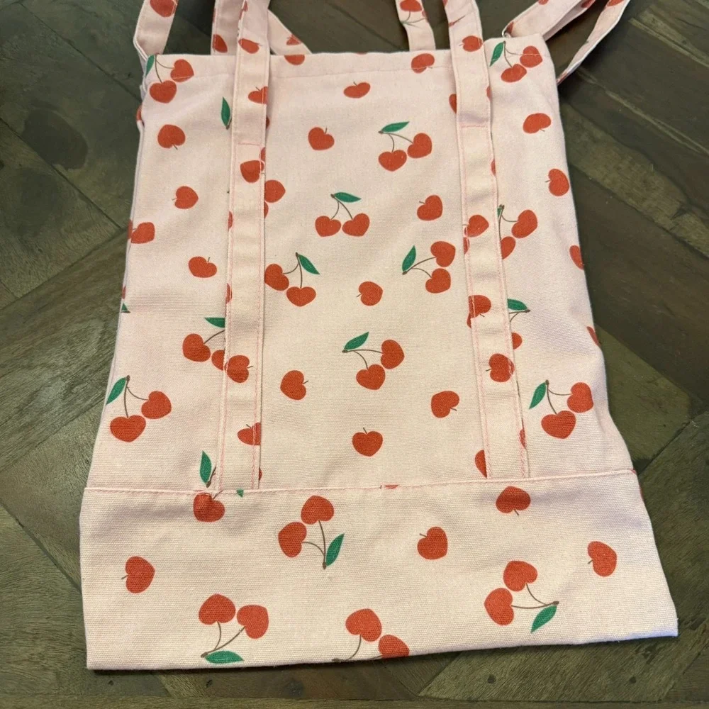 Pink & Cherry Print‎ Canvas Tote Bag with Handles & Adjustable Strap Book Bag